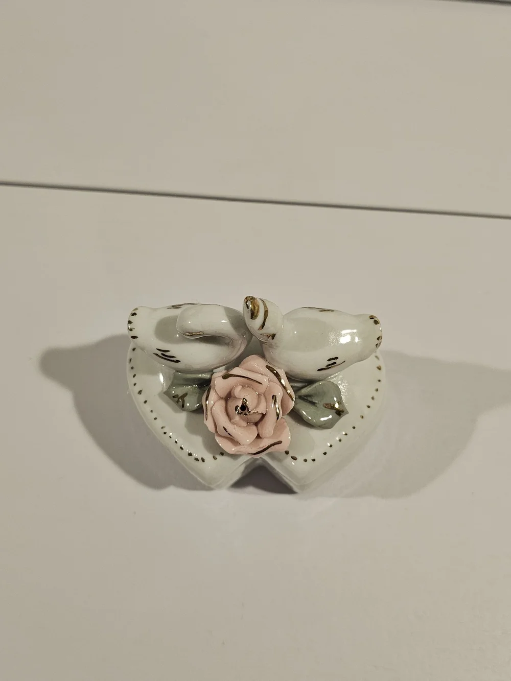 Porcelain Heart Jewelry Box with Swans & Pink Rose